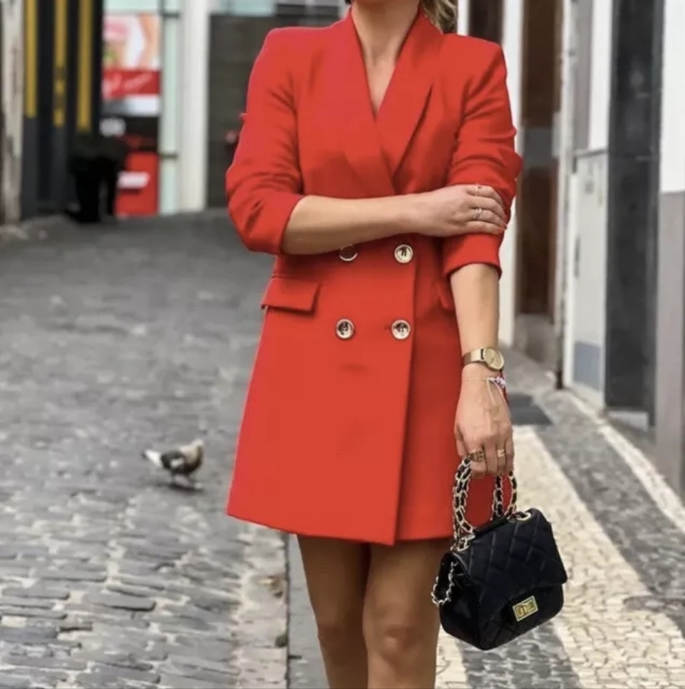 ZARA FITTED DOUBLE BREASTED LONG BLAZER DRESS Red Orange